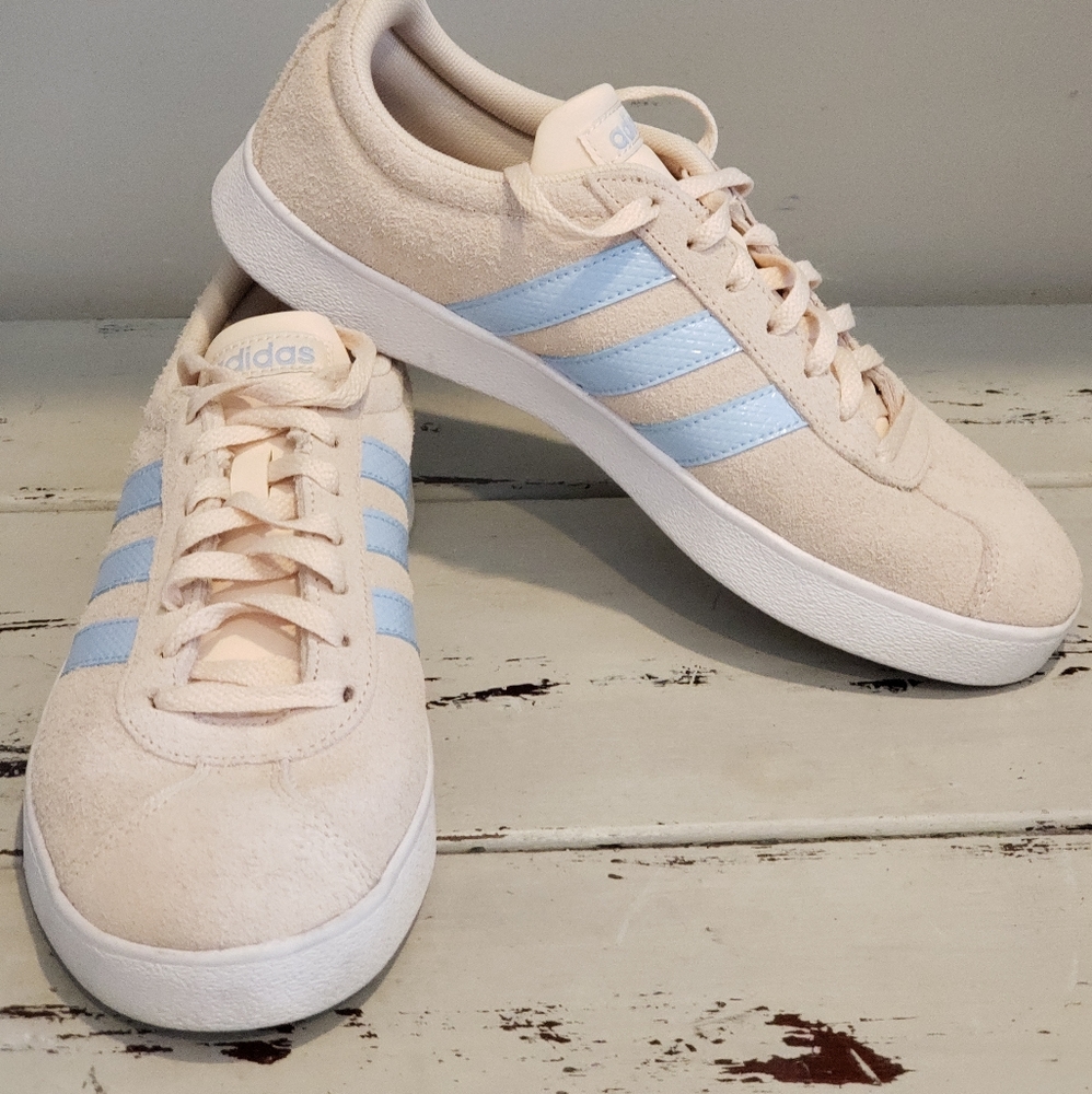 adidas Women's Pale Pink Suede Sneakers with Light Blue Stripes